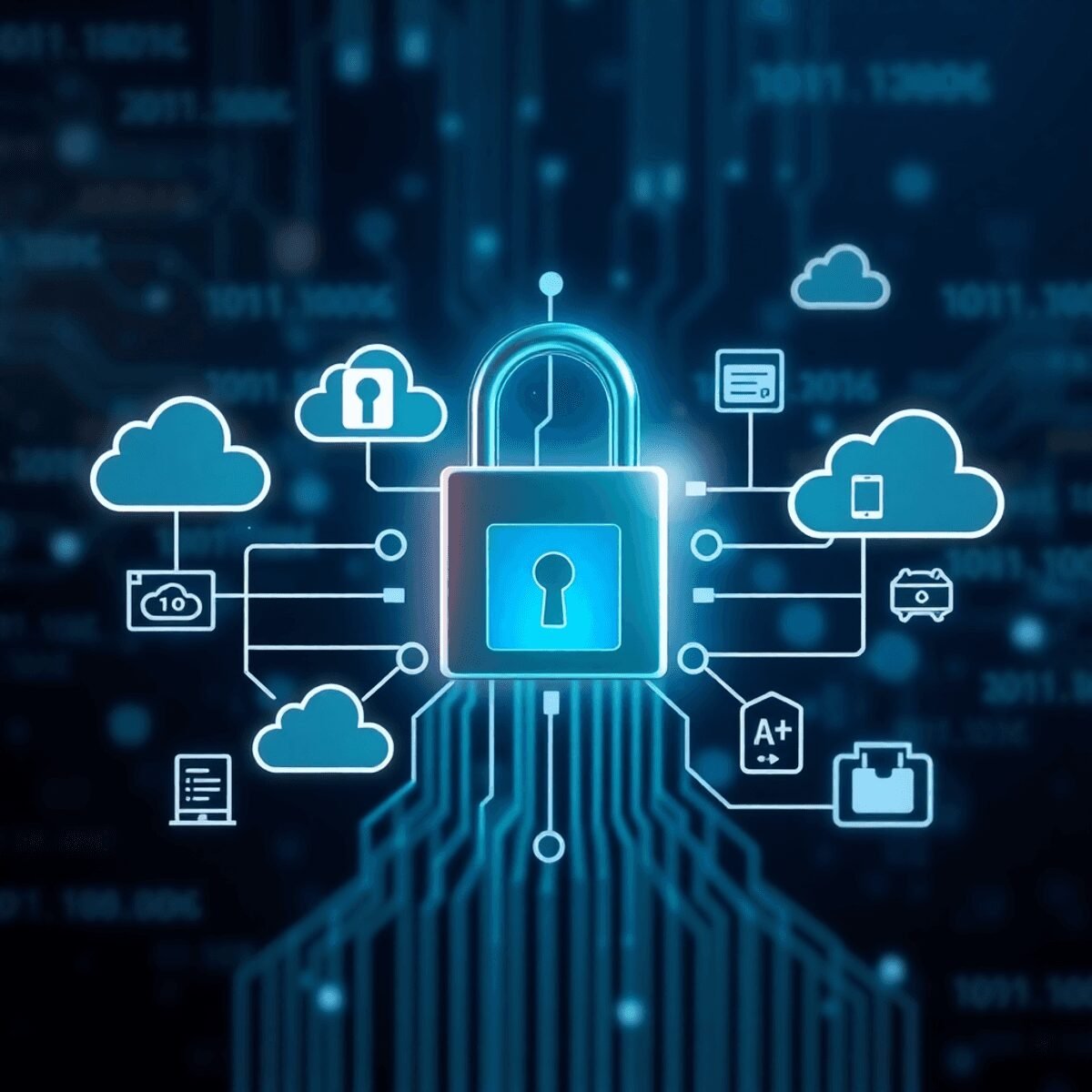 A digital lock surrounded by cloud icons and IoT devices, set against a tech-inspired background with abstract data streams and binary code, symbolizing network security.